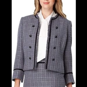 Tahari | Black & Grey Tweed Open Blazer Jacket Button Detailing Fringe Collar •